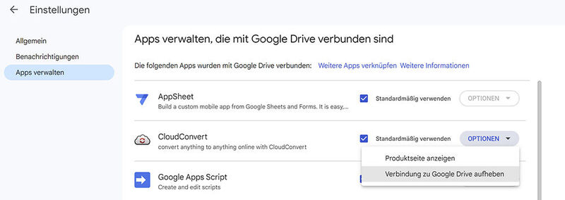 Entfernen von App-Zugriffen aus Google Drive. (Bild: Joos - Google)