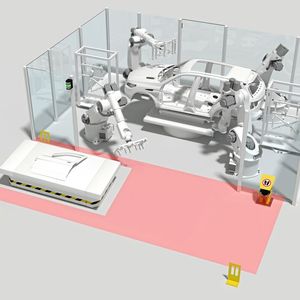 Ein Sicherheits-Laserscanner überwachen den gesamten Bereich der Übergabestation für Roboterzelle und FTS. Ihre Schutzfelder erkennen den Zugang und die Anwesenheit von Personen. Der Umriss des FTS wird bei der Durchfahrt dynamisch aus den Schutzfeldern ausgeblendet. So ist die Station jederzeit optimal gesichert.(Bild:  Leuze electronic GmbH + Co. KG)