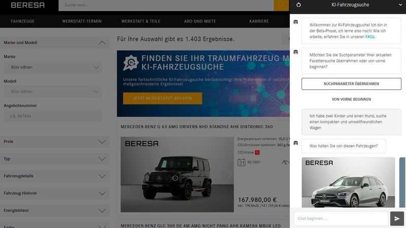 Per Chatbot zum passenden Auto: Beresa hat eine KI-basierte Fahrzeugsuche gelauncht.(Bild:  Screenshot / www.beresa.de/fahrzeuge)
