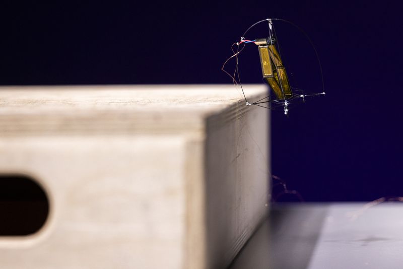 The tiny electric motor is attached to a tower by a fishing line. When it reels the line in at lightning speed, it pulls itself upward and catapults the robot into the air. Three legs that fold out during this process stabilize the system, which can effortlessly climb a standard stair step at full power. (Source: Mark Stone/University of Washington)