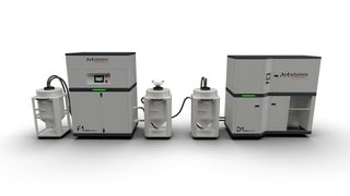 The post-processing combination developed by AM Solutions and EOS for the EOS P3 series consists of the D1 and F1 systems. It enables a completely closed and efficient process for the series-ready post-processing of plastic SLS components. (Image:Rösler surface technology)