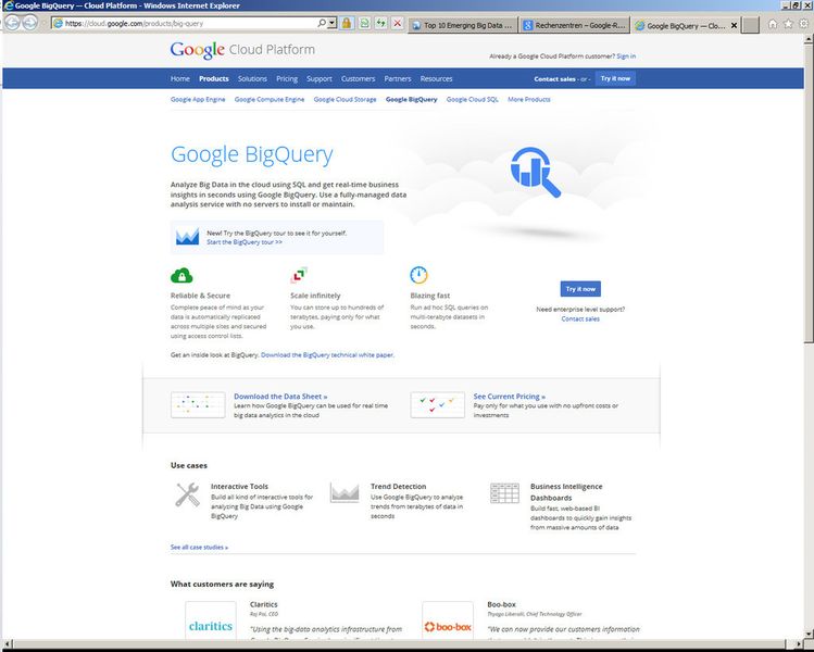 Die Startseite von Google zur Unternehmensdatenanalyse in der Cloud. Es wird mit Verschlüsselung für sicheren Datenaustausch gesorgt. Eine BigQuery-Tour gibt einen ersten Einblick in das nicht ganz banale 