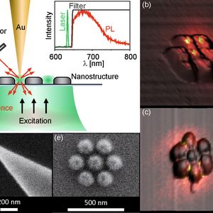 Abb. 1: (a) Zeichnung des Messprinzips: Eine scharfe Goldspitze wird über die zu untersuchende Struktur gerastert, während die rot verschobene Lumineszenz der Goldspitze detektiert wird. Die daraus resultierenden Aufnahmen bei radial (b) und azimutal polarisierter Anregung (c) zeigen die Gebiete hoher Nahfeldintensität (gelb). (d) und (e) zeigen beispielhafte Elektronenmikroskop-Bilder einer Goldspitze und der verwendeten Struktur.