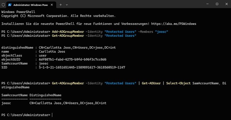 Mitglieder lassen sich auch in der PowerShell zuweisen und abfragen. (Bild: Joos)