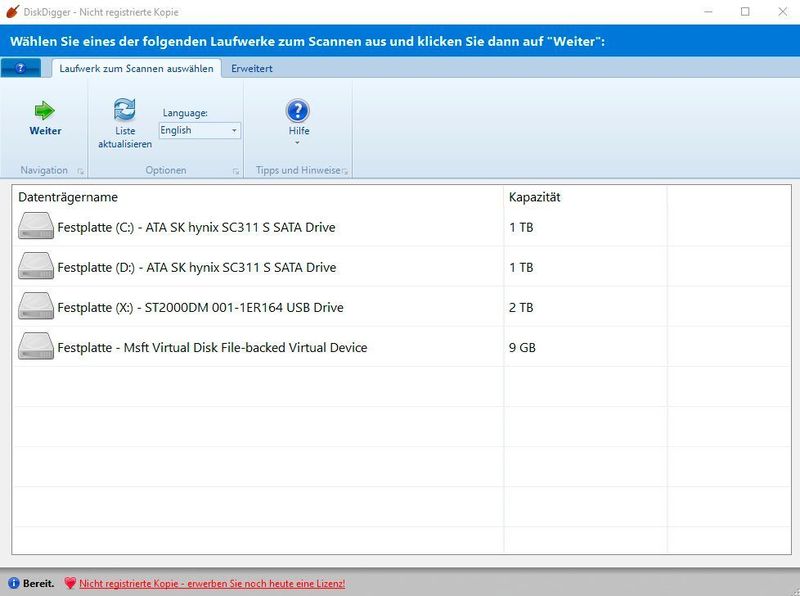 Starten von DiskDigger und Auswählen der zu scannenden Festplatte. (Joos/DiskDigger (Screenshot))