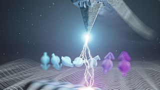 Künstlerische Darstellung der Integration von Elektronenspinresonanz in die Rasterkraftmikroskopie. Die weiße Struktur unten repräsentiert ein einzelnes Molekül, die Pfeile seinen Spin-Quantenzustand und die Wellenlinien das Radiofrequenz-Magnetfeld, welches die Elektronenspinresonanz treibt. Letztere wird mit der Spitze eines Rasterkraftmikroskops detektiert.  (Bild: Eugenio Vázquez)