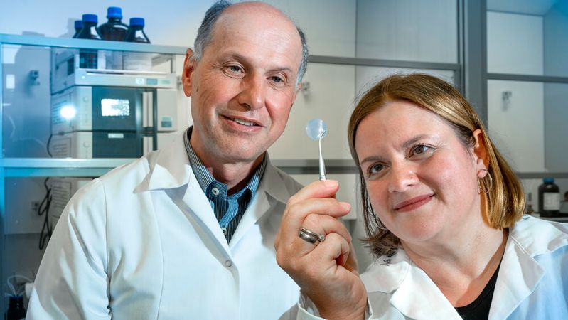 Dr. Anja Marinow und Prof. Dr. Wolfgang Binder präsentieren die Gelfüllung, die sie für Lithium-Ionen-Batterien entwickelt haben. Damit sollen die Batterien sicherer und effizienter sein.(Bild:  Uni Halle / Heiko Rebsch)