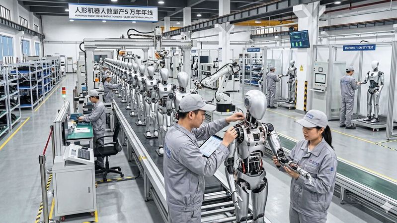 Hochautomatisierte Serienfertigung: Trotz digitalisierter Prozesse bleibt bei der filigranen Montage und Kalibrierung der humanoiden Roboter menschliche Handarbeit weiterhin unverzichtbar.(Bild:  Gemini / KI-generiert)