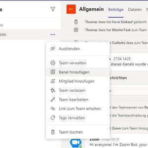 Teamverwaltung im Client von Microsoft Teams: hier lassen sich öffentliche, aber auch private Kanäle hinzufügen.