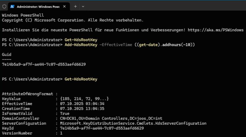 PowerShell-Ausgabe zur Prüfung und Erzeugung des KDS-Stammschlüssels als kryptografische Grundlage für delegierte verwaltete Dienstkonten im Active Directory. (Bild: Joos)