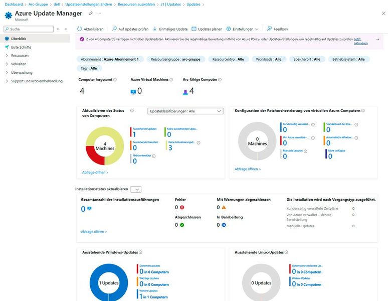 Die zentrale Verwaltungsoberfläche von Azure Update Manager zeigt den Status der angebundenen Server und der fehlenden Updates an. (Bild: Joos - Microsoft)
