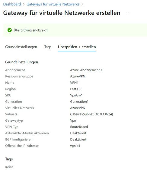 Das Azure VPN-Gateway kann erstellt werden (Bild: Joos - Microsoft)