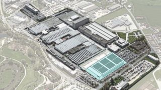 Das Bild zeigt eine Luftbildaufnahme des bestehenden Standorts, ergänzt um eine Visualisierung der Smart Factory. Auf dem heutigen Parkplatz soll die neue Fertigung entstehen.   (Bild: Siemens AG)