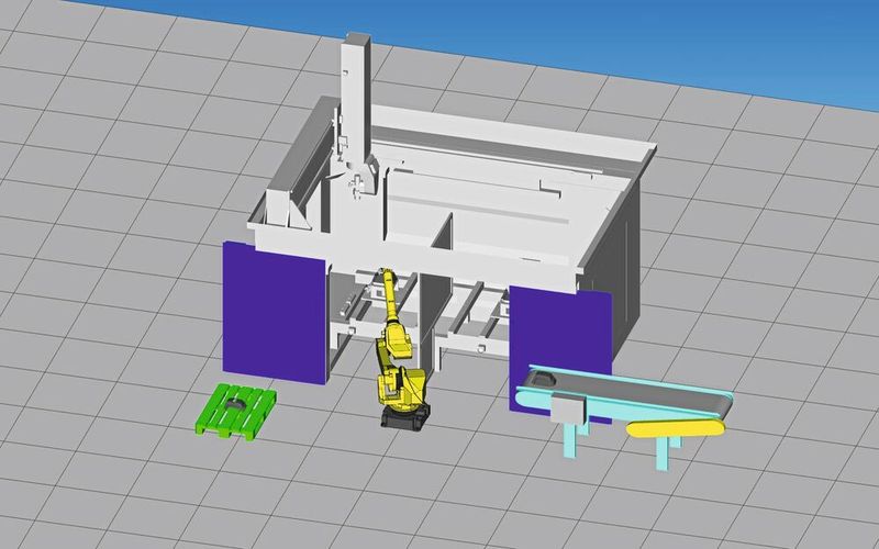 Das Bauteil kommt auf einem Förderband zur Fräsanlage. Von dort nimmt es ein Roboter und legt es auf die Spannvorrichtung in der Maschine. (Bild: HG Grimme SysTech)