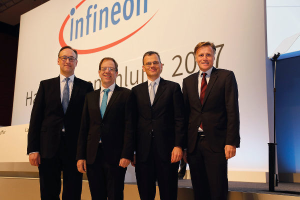 Der Vorstand der Infineon Technologies AG auf der Hauptversammlung 2017: Dr. Helmut Gassel, Dr. Reinhard Ploss, Dominik Asam, Jochen Hanebeck (v.l.n.r.). (Infineon)