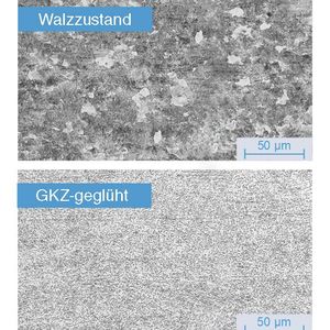 Gefüge eines Vergütungsstahls im gewalzten (oben) und im GKZ-geglühten Zustand (unten).(Bild:  Thyssenkrupp Hohenlimburg)