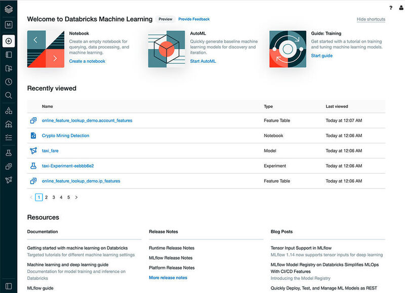 Die Webseite des neuen Features „Machine Learning“ bei Databricks ist eng mit den Seiten für das Tool MLFlows (unten) verknüpft. (Databricks)