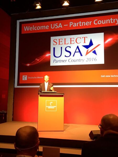 John B. Emerson, US-ambassador in Germany at the Hannover Messe Preview 2016. The US are the official partner country of the world's leading industrial fair in 2016. (Picture: Deutsche Messe)