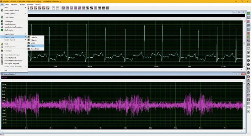 Bild 2: Biomedizinische Signale werden mithilfe von SBench 6 in einen AWG importiert. Der 16-Bit-AWG mit seinem Dynamikbereich reproduziert das Mikrovolt-Signal genau für das Debuggen oder Testen von EEG- oder EKG-Elektronik.