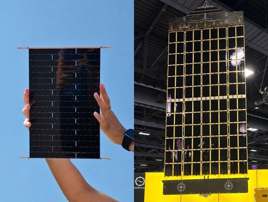 The solar modules use a shingle matrix interconnection for the solar cells. In combination with cost-effective silicon solar cells, this enables the production of modules at significantly lower costs. On the left, a single module; on the right, an entire wing with 108 modules.(Source:  Fraunhofer ISE (left) / Energy Company (right))