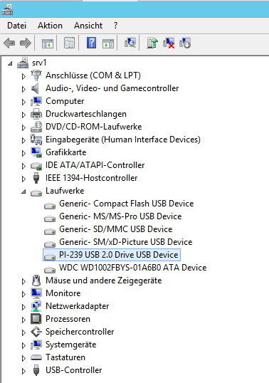 Abbildung 1: Um eine USB-Festplatte mit einem virtuellen Server zu verbinden, schließen Sie diese direkt an den Hyper-V-Host an. Die Platte muss zunächst im System verfügbar sein. (Bild: Joos)