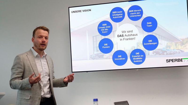 Klare Wachstumsziele vor Augen: Julian Schnapp, kaufmännischer Leiter bei Sperber in Bamberg, skizziert den Mitgliedern der Jury des Automotive Business Awards die ehrgeizigen Pläne, die sich das Auto- und Motorradhaus für die kommenden Jahre gesetzt hat. (Bild: Dominsky – VCG)