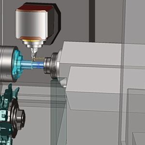Komplexität bewältigen: Die realistische 3D-Simulation aller Komponenten und Bewegungen im CAD/CAM-System vereinfacht erheblich die NC-Programmierung speziell bei mehrachsigen, simultan bearbeitenden CNC-Maschinen, zum Beispiel Dreh-Fräszentren mit mehreren Haupt- und Gegenspindeln. (Bild:  Tebis)