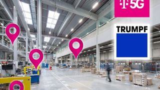 Immer wissen, wo was ist! Das gewährleistet eine auf 5G basierende Lokalisierungsmöglichkeit, die Trumpf und die Telekom jetzt anbieten. Sie hat sich in der Praxis auch schon bewährt. Sie funktioniert sowohl im Außen- als auch Innenbereich. Hier mehr dazu, was das System kann ... (Bild: Trumpf)