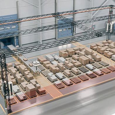 Seilroboter für die Palettierung nach der Containerentladung. Das System bedient viele Zielpalettenplätze und ermöglicht die Palettierung und Sortierung in einem Arbeitsschritt. (Bild: Red Cable Robots)