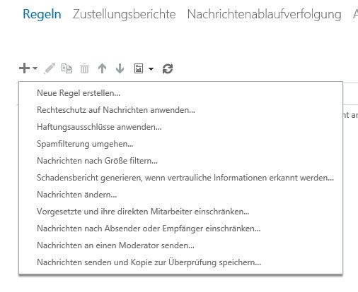 Um neue Verschlüsselungsregel zu erstellen, müssen Administratoren auf „Nachrichtenfluss\Regeln“ und dann auf das Pluszeichen für das Hinzufügen von neuen Regeln klicken. (Bild: Thomas Joos)
