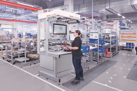 Das Assistenzsystem Acitve-Assist soll den Menschen an manuellen Arbeitsplätzen unterstützen. Durch Starterkits ermöglicht Bosch Rexroth einen einfachen Einstieg durch verschiedene Ausbaustufen.(Bild:  Bosch Rexroth)