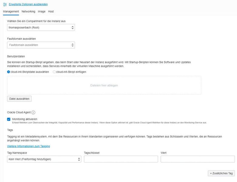 In den erweiterten Optionen lassen sich VMs anpassen. Hier stehe auch Einstellungen für Netzwerkkonfiguration und Optionen zur Überwachung bereit. (Oracle)