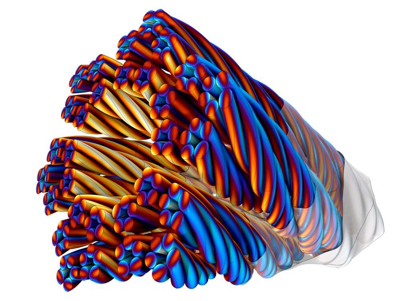 Eine 3D-Litzdrahtsimulation, die zur Untersuchung von Verdrillungsschemata und zur Validierung effektiver Verlustmodelle verwendet wird. (Bild: COMSOL Multiphysics GmbH)