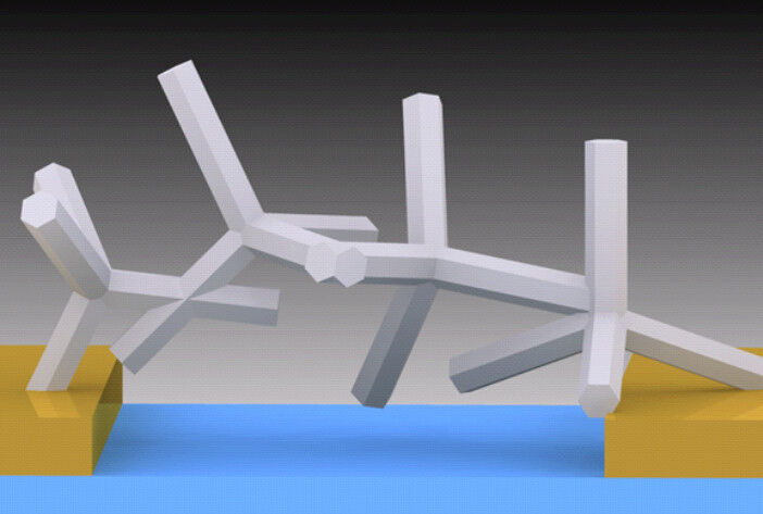 Schematische Illustration der Zinkoxid-Nanostrukturen, die durch die Brenner-Flammentransport-Synthese entstehen und als Netzwere zwei Kontakte verbinden. (Mishra/Advanced Materials)