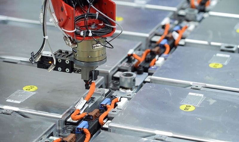 Ein Spezialgreifer trennt den Cell Management Controller (CMC) vom Batteriemodul durch Herausziehen des Steckers.(Bild:  Liebherr-Verzahntechnik)