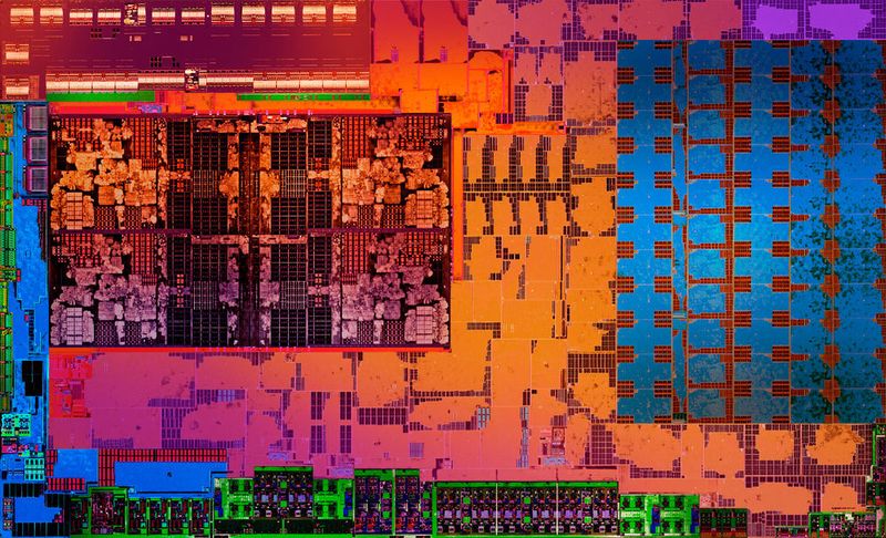 Ein Die-Shot des Ryzen-Mobile-Prozessors mit seinen vier Kernen und integrierter Radeon-Vega-GPU. (AMD)