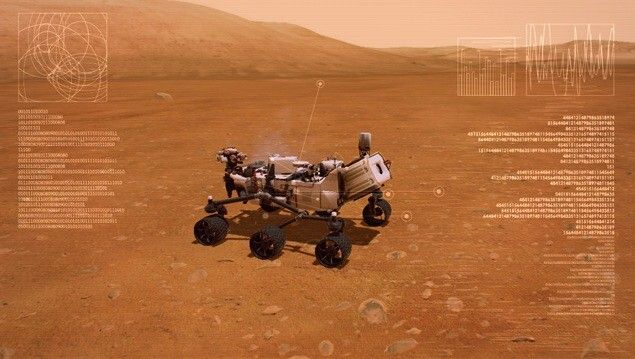 Geschafft! Der Marsrover ist sicher auf der Oberfläche angekommen und kann nun mit der Erforschung des roten Planeten beginnen. (Bils: NASA/Microsoft)