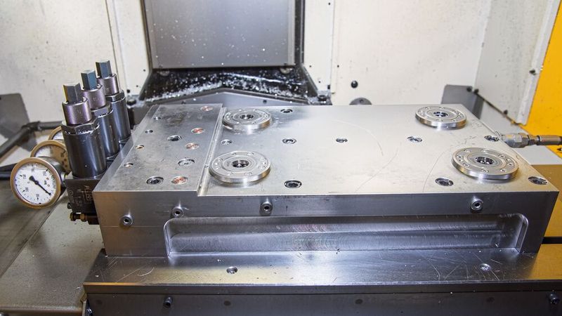 Die Vorrichtungen beinhalten für jede der 15 Maschinen eine Grundplatte mit Spannbolzen, die von den Nullpunktspannmodulen aufgenommen werden. (Bild: Fémalk)