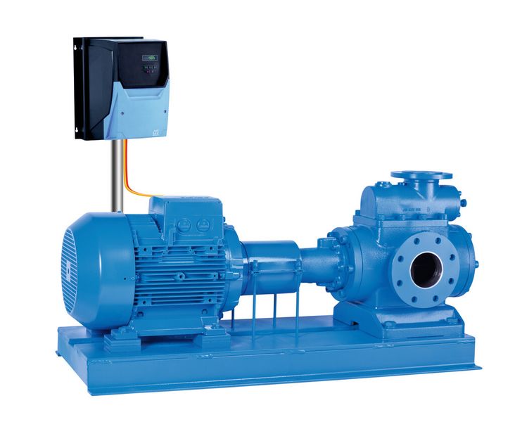 Bild 5: Statt einer herkömmlichen Schraubenspindelpumpe mit freiem Wellenende bietet Colfax Fluid Handling künftig ein VSD-Komplettaggregat an. Dieses stellt sich automatisch immer auf den optimalen Betriebspunkt ein. (Bild: Allweiler)