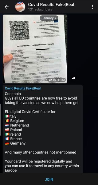 Gefälschte Impfzertifikate werden für viele EU-Länder angeboten (Check Point)