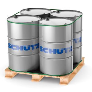 Za pomocą systemu zabezpieczania ładunku Schütz Drumfix można bezpiecznie zamocować na palecie cztery stalowe beczki – puste lub napełnione.(Zdjęcie: Schütz)