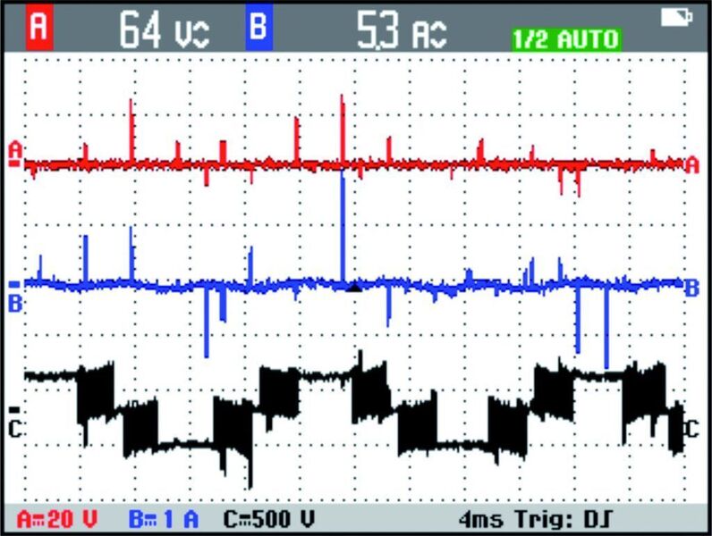 Wellenspannung, Gleichtaktstrom und das Ausgangssignal des Frequenzumrichters werden an einem Fluke ScopeMeter 190 II angezeigt. (Archiv: Vogel Business Media)