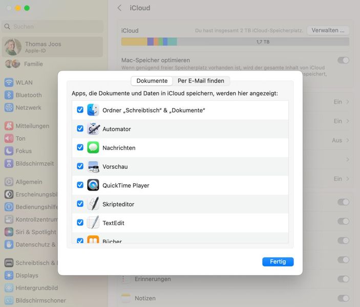 Damit Daten mit iCloud synchronisiert werden, muss diese Funktion in macOS erst aktiviert und konfiguriert werden. (Bild: Joos – Apple)