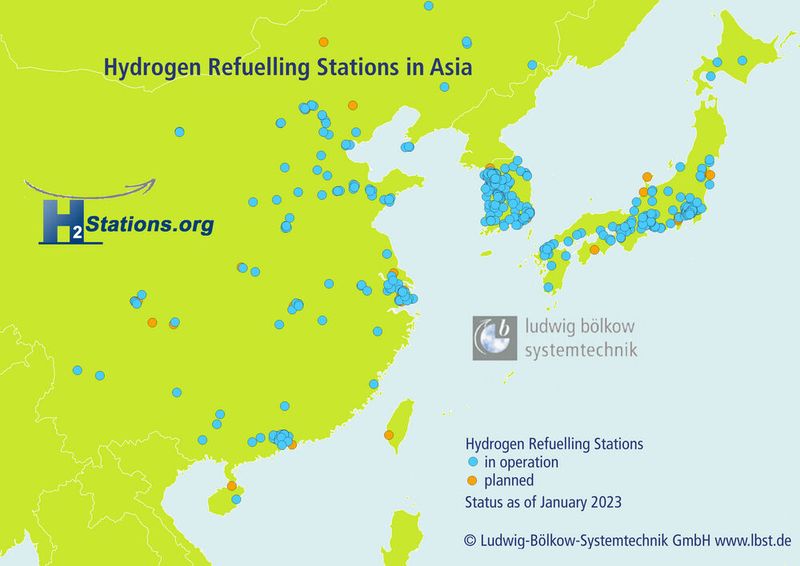 In Asien waren Ende 2022 insgesamt 455 Tankstellen in Betrieb: 165 in Japan und 149 in Südkorea. Die Zahl der Tankstellen in China wird auf 138 geschätzt.  (Bild: Ludwig-Bölkow-Systemtechnik)