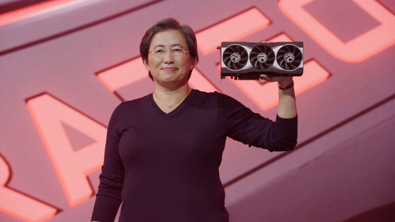 Bei der Präsentation des Ryzen 5000 zeigt Lisa Lu auch kurz die kommende Radeon-RX-6000-Grafikkarte. (AMD)