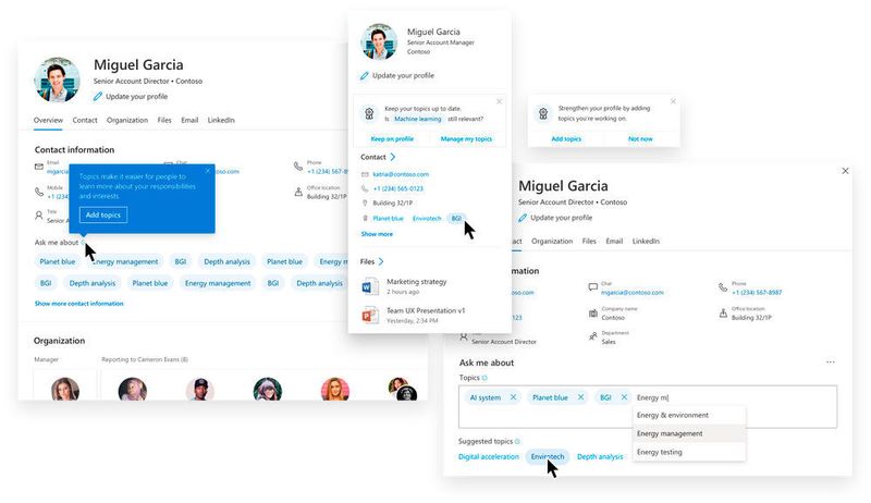 Als KI-gestütztes Wissens-Netzwerk legt Project Cortex auf Basis von Teamprojekten sowohl Themen- als auch Mitarbeiter-Karten an. (Microsoft)