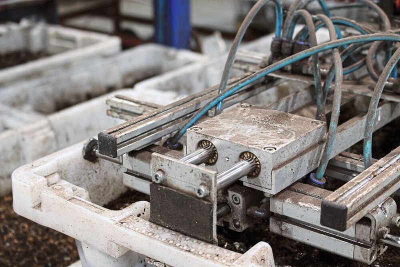 Die Drylin-Linearführungen am Druckluftgreifer der ersten Futterstation von Superwurm. Sie funktionieren zuverlässig trotz Feuchtigkeit und Schmutz.  (Igus)