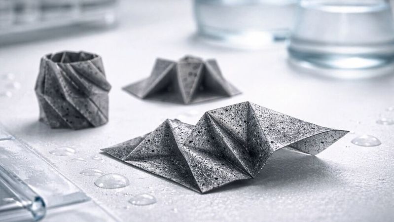 Graphenoxid-Folie: Magnetfeld oder Feuchtigkeit lässt das dünne Papier sich selbst entfalten.(Bild:  Dall-E / KI-generiert)