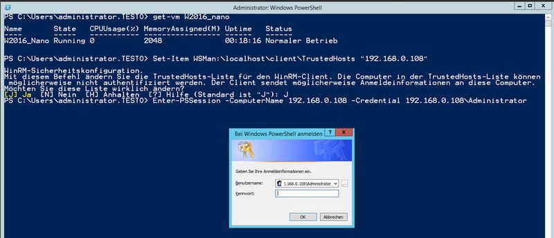 Und so sieht „der richtige Weg“ für den Zugriff auf den Nano-Server aus: Mittels einer PowerShell-Session kann sich der Administrator auf dem System aufschalten. Dazu muss es aber zunächst in die Liste der „Trusted Hosts“ eingetragen werden. (Bild: Schlede/Bär)