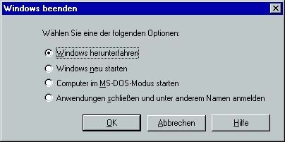 Menüoptionen für das Herunterfahren bei Windows 95. (Bild: frei lizenziert)